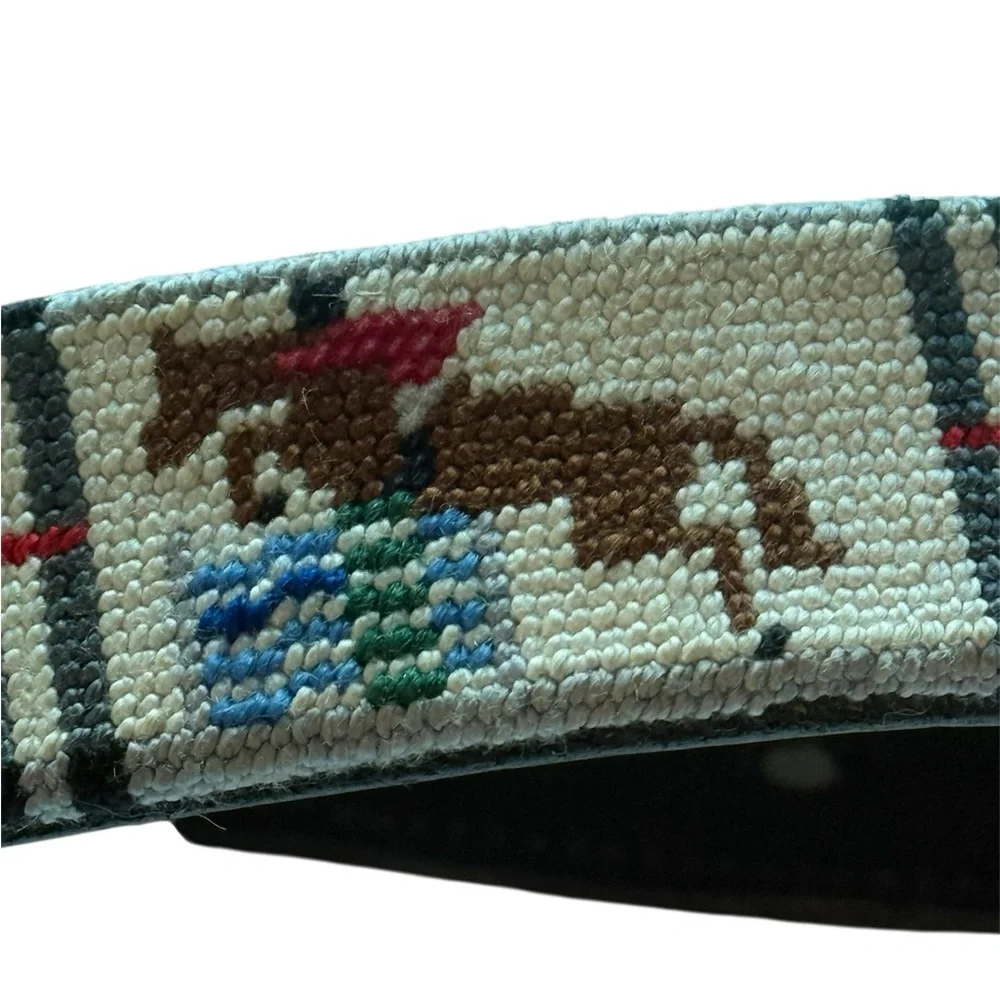 Vintage Equestrian Steeplechasing Needlepoint over Leather Belt